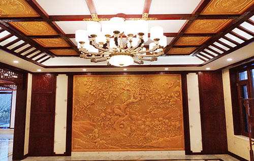 三角镇中式别墅客厅中式木作横梁吊顶装饰展示